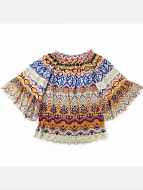 Urban Mangoz Boho Peasant Top Small Multicolor Geometric Print Flutter Sleeve